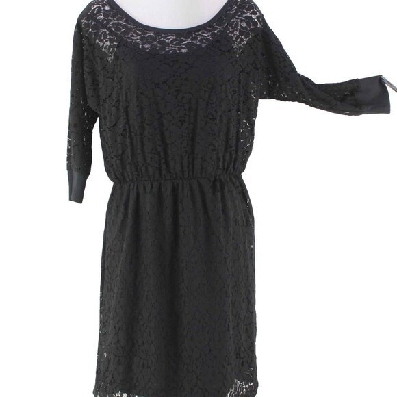 Staci Woo $88 Sz M Black Lace 3/4 Sleeve Cotton Nylon Poly Blend Dress - Picture 4 of 8